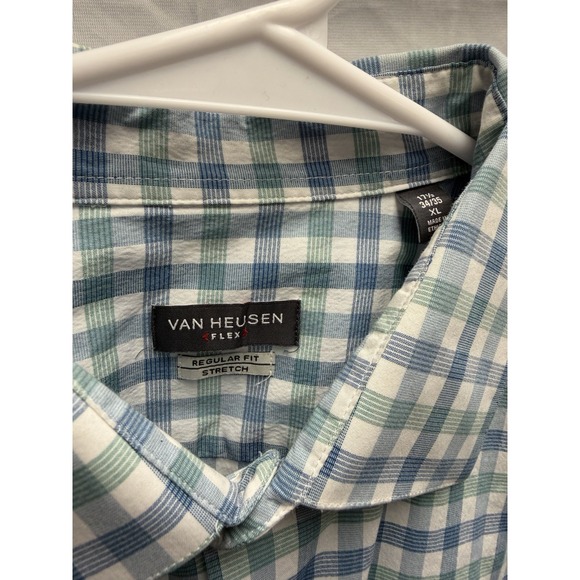 Van Heusen Mens Button Down Shirt XL Green Blue White Plaid Classic Fit Cotton - Picture 3 of 4